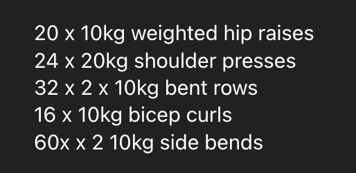 A list of home gym workout exercises with specified repetitions and weights.