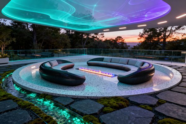 An outdoor patio at dusk features a circular sunken seating pit finished in speckled terrazzo, where two curved, ribbed black sofas with light gray cushions surround a long rectangular fire feature with a glass wind guard. Above, a glowing canopy projects teal and purple LED patterns as a shallow, illuminated water channel circles the pit, with slate stepping stones crossing mossy ground and a frameless glass railing opening to wooded views.
