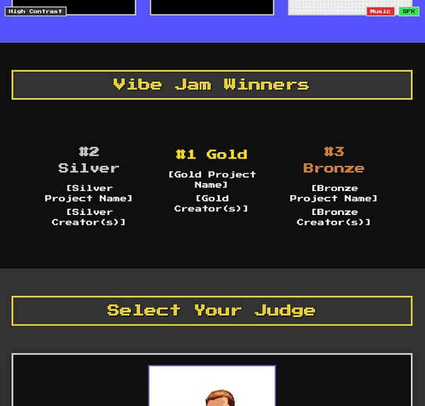 The image displays a section for announcing winners of the Vibe Jam competition.