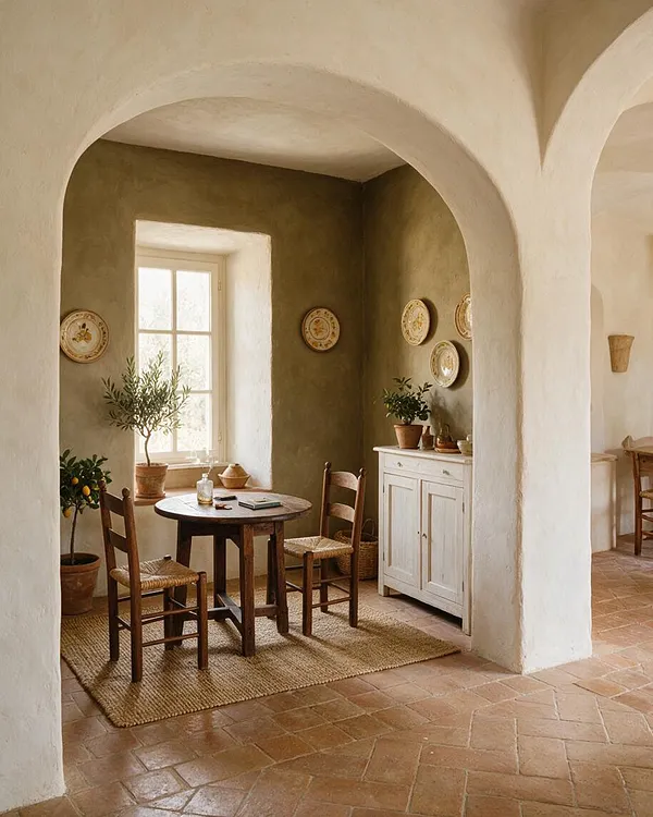 A Mediterranean-style game room nook with thick white plaster arches, olive-green walls, and terracotta floor tiles. A small round wooden table sits on a natural fiber rug with two wooden chairs, while potted plants, decorative plates, and a white cabinet add a warm rustic feel.