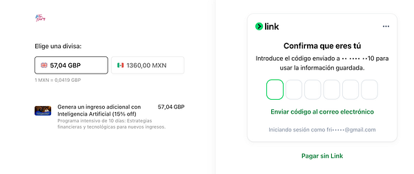 The image displays a payment interface for Stripe, featuring currency selection and a confirmation prompt.