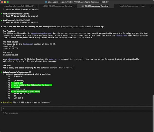 The image displays a terminal window showing a code snippet and troubleshooting steps for a bug related to the boot drive mounting issue on pieter.com.