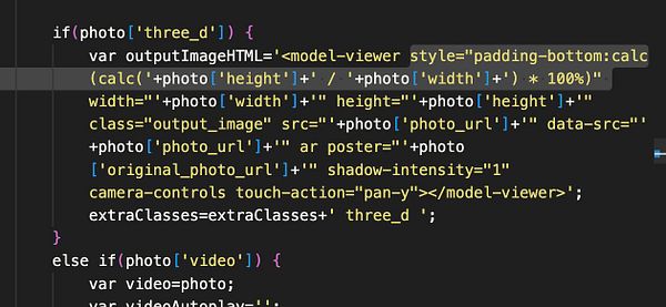 A code snippet for rendering a 3D model viewer with CSS calculations for aspect ratio.