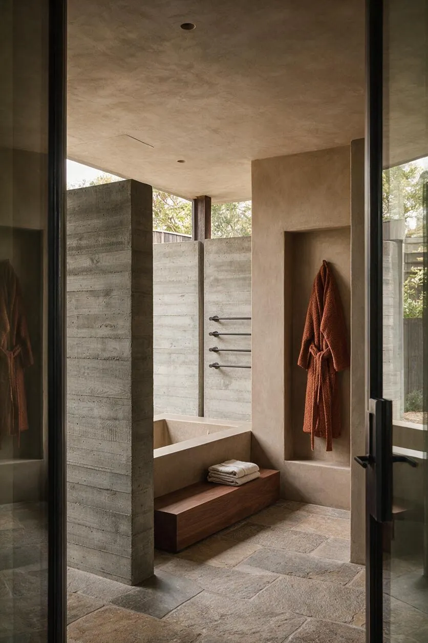 A minimalist outdoor backyard bathing area framed by concrete walls and a smooth stucco enclosure, with a built-in tub, a wooden bench, and rust-colored robes hanging in a recessed niche. Stone floor tiles, a pale ceiling, and large glass doors create a quiet, sheltered atmosphere.