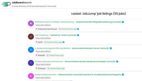 A job listing interface displaying recent job postings from JobJump.