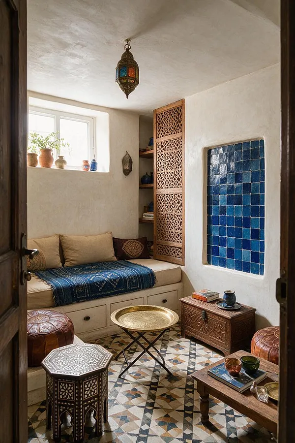 A small Moroccan-style basement seating room with white plaster walls, a low built-in daybed, blue textiles, carved wood lattice cabinet doors, and a blue tiled wall panel. The space includes patterned mosaic floor tiles, brass and wood tables, leather poufs, a hanging lantern, and a window ledge with clay pots and plants.