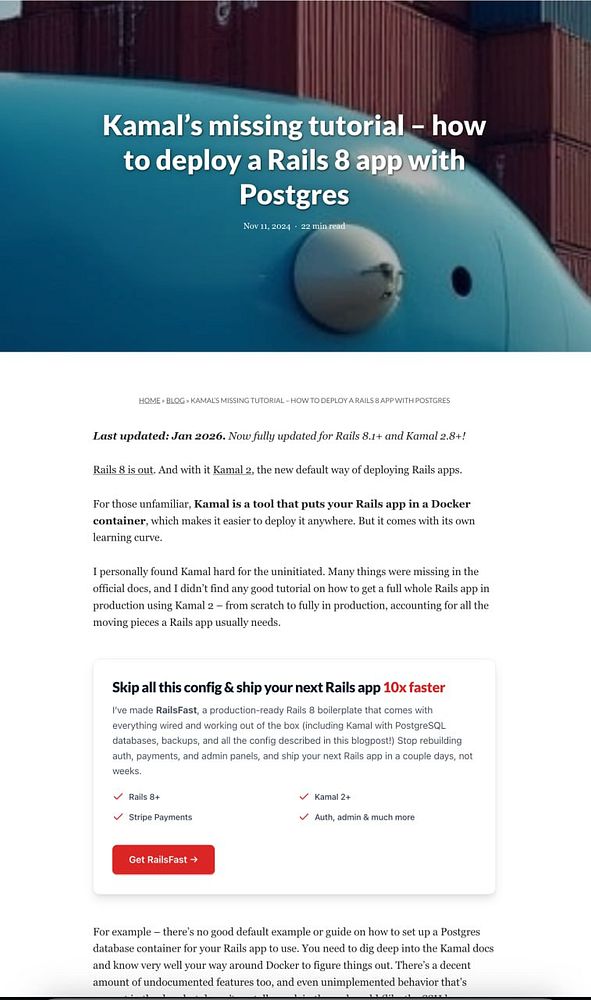 Screenshot of the RailsFast website homepage with prominent CTA buttons and service highlights.