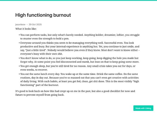 The image features a blog post discussing the concept of high functioning burnout.
