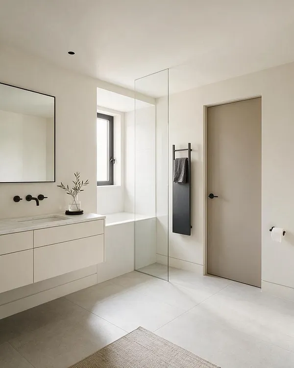 A minimalist master bathroom with a floating beige vanity, frameless mirror, and matte black wall-mounted faucet. A walk-in shower with clear glass sits beside a beige door and black towel warmer, all finished in soft white and taupe tones.