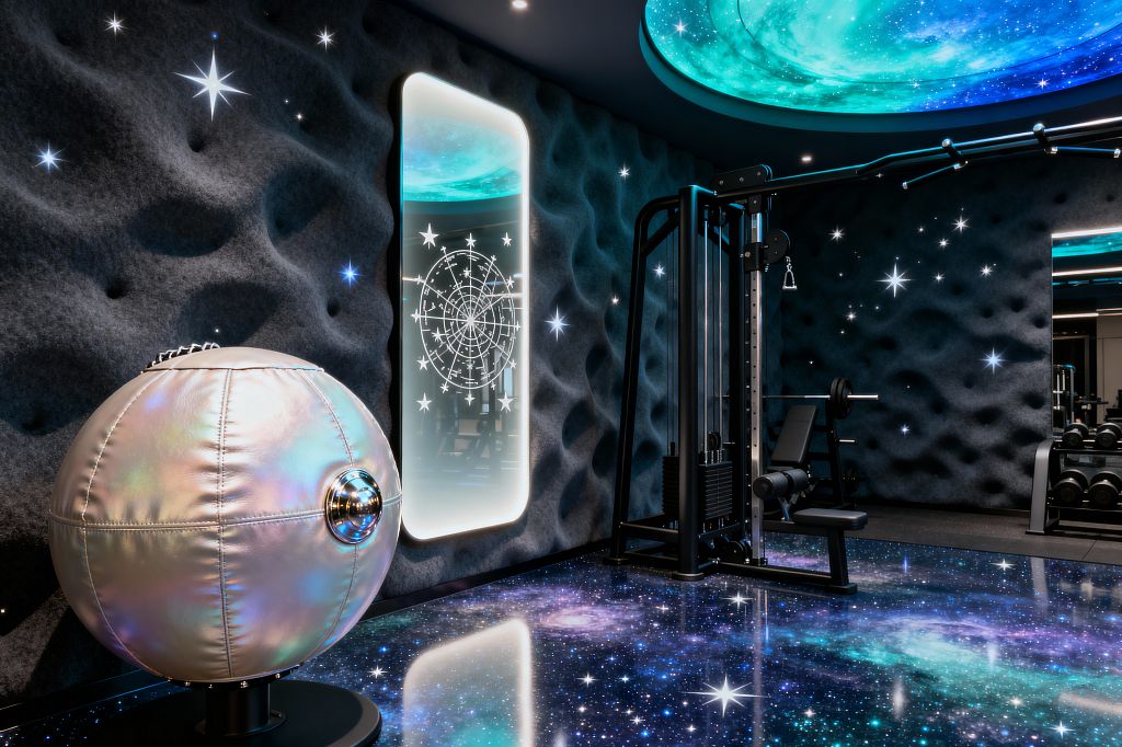 A home gym styled like outer space features a glossy galaxy-patterned epoxy floor and a circular ceiling panel glowing in teal and blue. Charcoal, cratered acoustic walls dotted with star motifs surround a backlit mirror etched with a constellation map; matte-black cable equipment and a bench sit alongside free weights, while an iridescent pearl spherical accessory with chrome detail anchors the foreground, creating a futuristic, immersive workout environment.