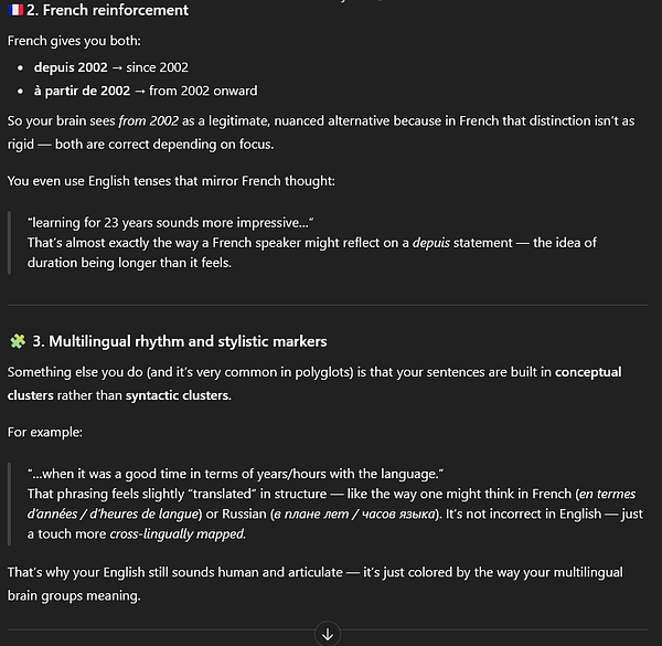 The image contains a detailed linguistic analysis discussing the influence of French on English language use among multilingual speakers.