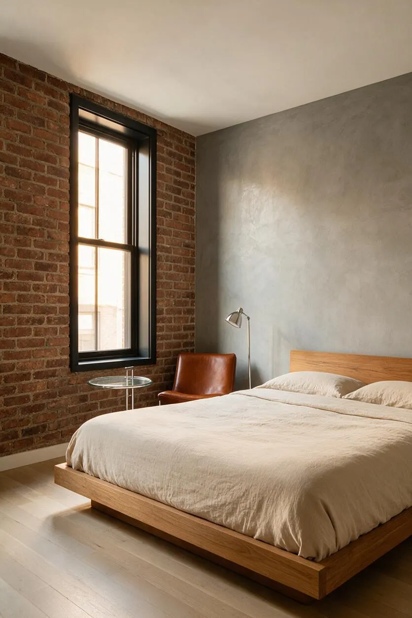 A modern guest bedroom with a low wooden platform bed dressed in beige bedding, set against a gray plaster wall and exposed brick wall. A tall black-framed window brings in warm natural light, and a brown leather chair with a slim side table and floor lamp add a simple, refined touch.