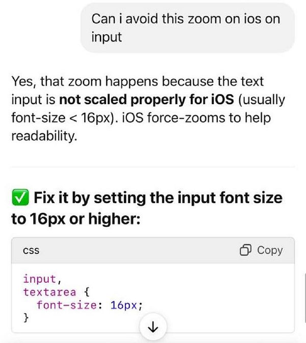 The image displays a conversation about fixing auto-zoom issues on iOS due to small font sizes in input fields.