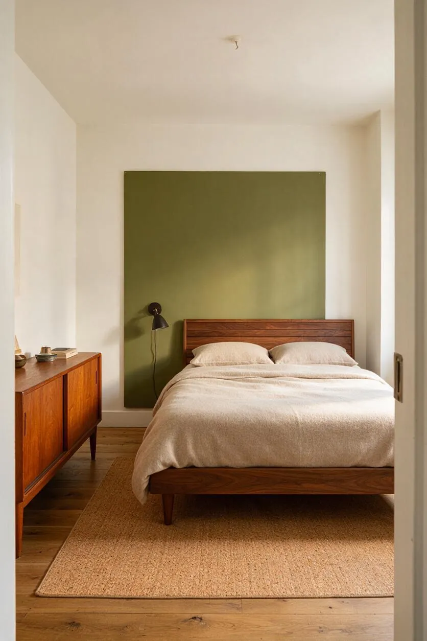 A serene master bedroom with a low walnut platform bed dressed in soft cream bedding, centered against a large olive-green accent panel. A mid-century style wood dresser sits to the left, a black wall-mounted reading lamp adds contrast, and a woven natural rug warms the light wood floor. White walls and minimal decor create a calm, airy atmosphere.