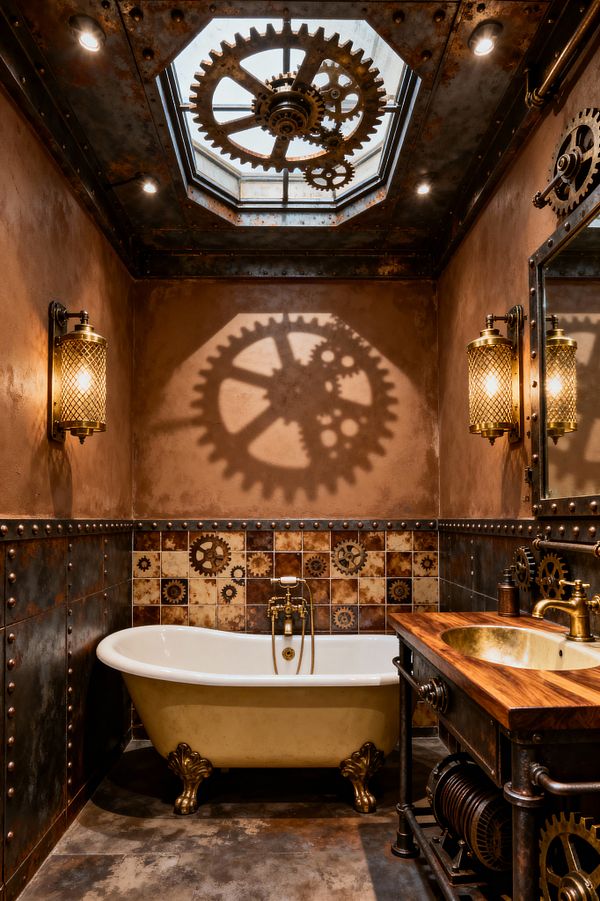 A narrow steampunk bathroom centers a cream clawfoot tub beneath an octagonal skylight fitted with large metal gears that cast shadows on warm brown plaster walls. Riveted steel panels and cream-and-rust tiles printed with cog motifs wrap the lower walls. To the right is a wood-topped vanity with a hammered brass sink, exposed pipes, and decorative gears, paired with a riveted mirror. Brass mesh sconces and ceiling spotlights create an amber glow over a mottled concrete-look floor.
