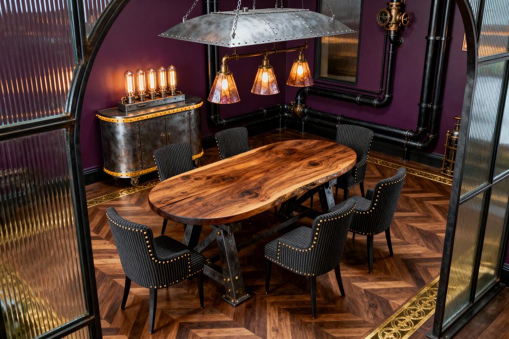 A steampunk dining room centers on an oval live-edge wood table set on riveted blackened-steel trestles, surrounded by six charcoal pinstripe chairs with brass nailheads against deep plum walls threaded with exposed black pipes and a gauge-like fixture. A riveted metal sideboard with glowing Edison tubes sits to the left, while an oversized riveted canopy with three amber glass pendants warms the chevron parquet floor and gilded border, framed by arched ribbed-glass doors.