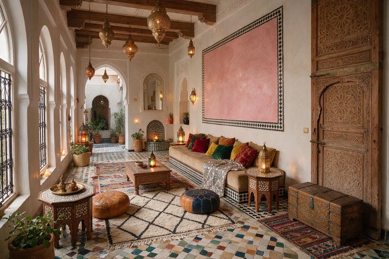 A sunroom styled in Moroccan design features arched windows, carved wooden doors, hanging brass lanterns, and a long cushioned sofa against a pale wall. Patterned rugs, mosaic flooring, poufs, and low wooden tables create a warm, richly textured seating area.