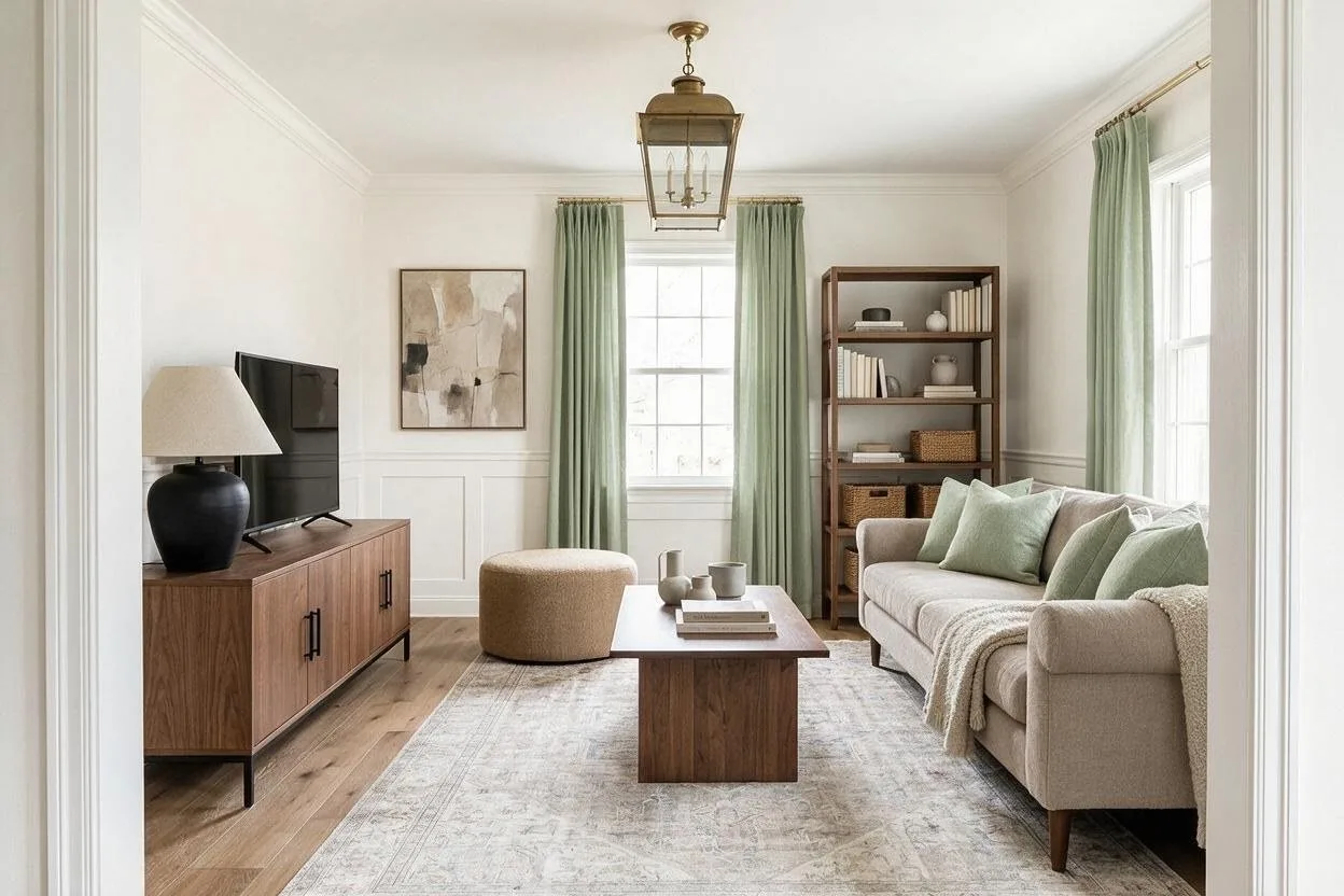The same Transitional living room in the Taupe and Sage palette: soft white, taupe, walnut, sage, and pale gray
