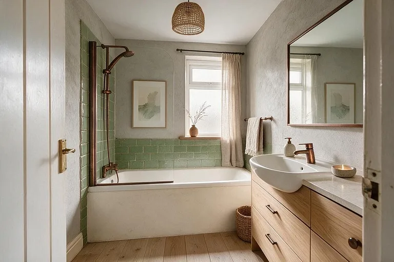 A Japandi bathroom in the Stone and Moss palette: stone gray, moss green, light oak, bone, and bronze