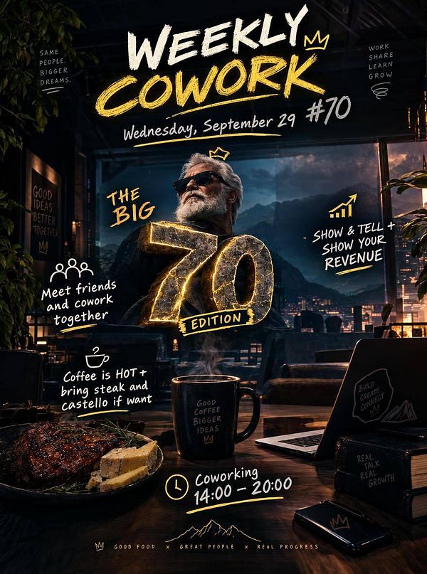 Promotional poster for the 70th weekly coworking event featuring a bearded man with sunglasses, coffee, steak, and important event details.