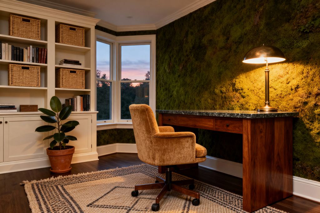 Home office with a deep green moss accent wall, a walnut desk with a dark stone top, and a brass dome lamp casting warm light. To the left, cream built-in shelves with Shaker cabinets hold books and wicker baskets beside a bay window at dusk; a caramel upholstered swivel chair sits on a patterned flatweave rug over dark wood floors, with a terracotta potted plant adding greenery.
