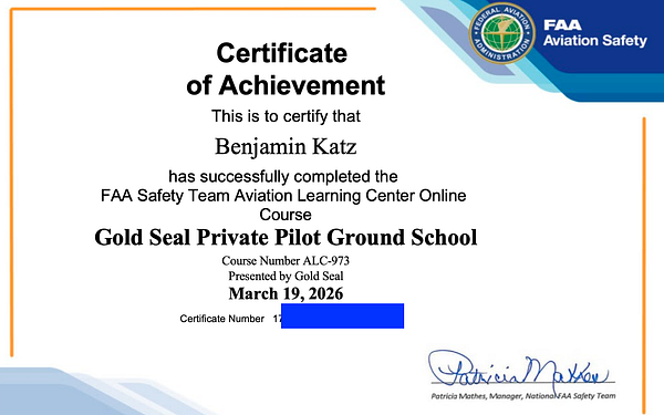 A handwritten drawing of an airplane on lined paper with notes related to private pilot ground school.