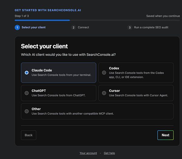 Onboarding wizard interface for a software dashboard showing a multi-step setup process with options like creating a Google Analytics account.
