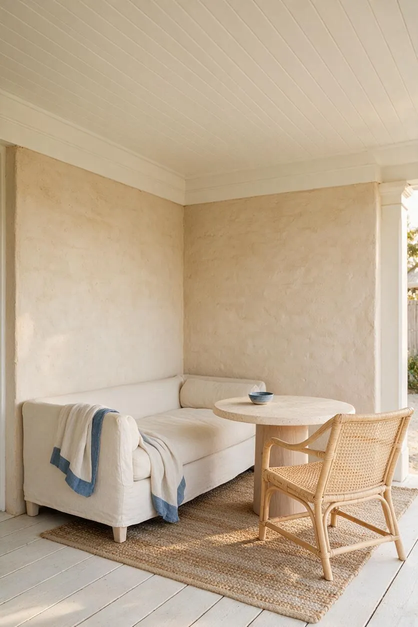 A covered front porch styled in coastal neutrals with a cream slipcovered sofa, a small round stone table, and a woven rattan chair on a natural jute rug. Textured beige stucco walls and a white beadboard ceiling create a calm, sun-washed atmosphere.