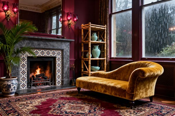 A richly detailed Victorian living room with deep burgundy walls features a gray marble fireplace framed by blue-and-cream patterned tiles and brass wall sconces with cranberry glass shades. A mustard velvet chaise sits on a ruby Persian rug beside a bamboo shelving unit holding celadon vases; a blue-and-white ceramic planter with a palm, ornate crown molding, and tall rain-streaked windows complete the scene.