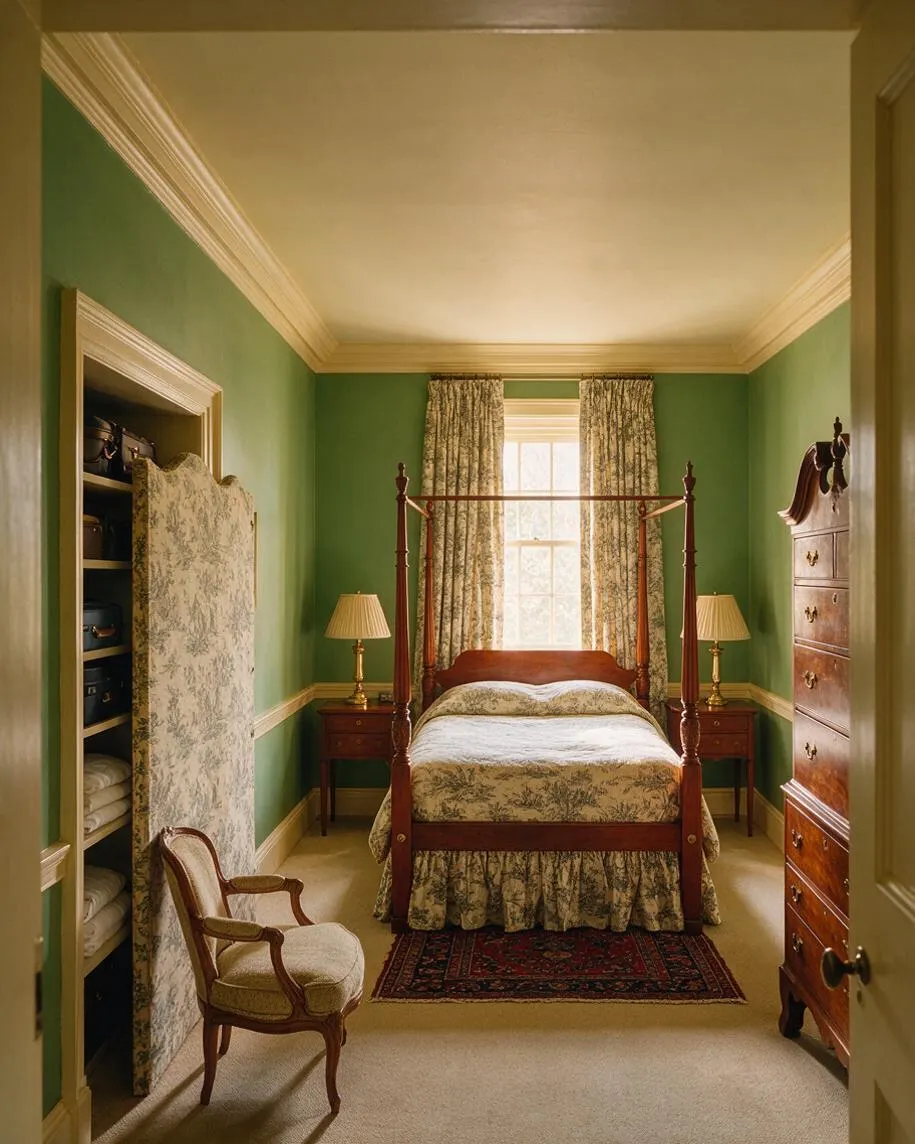 A traditional basement bedroom with green walls, cream trim, and a white ceiling. The room features a four-poster wood bed with floral bedding, matching nightstands and lamps, a patterned rug, a carved chair, and wood furniture including a dresser and open closet storage.