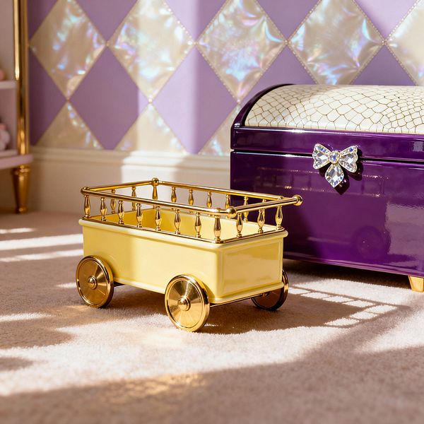A kids’ room corner in Hollywood Regency style shows a butter-yellow toy wagon with polished gold wheels beside a deep purple lacquer toy chest topped with ivory faux-croc and a faceted crystal bow pull. Behind, a lavender wall features iridescent diamond panels edged with pearl-like beading above a white baseboard, all set on plush beige carpet. Sunlight casts crisp shadows, making the metallic and pearlescent surfaces gleam.