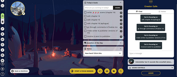 A virtual coworking lounge interface featuring a cozy campfire setting and collaborative tools.