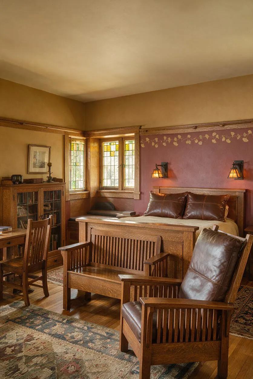 A Craftsman-style guest bedroom with a wood bed, leather pillows, mission-style chairs, and a stained-glass bay window. The room features warm tan and mauve walls, built-in wood trim, wall sconces, patterned rugs, and a cozy, historic feel.