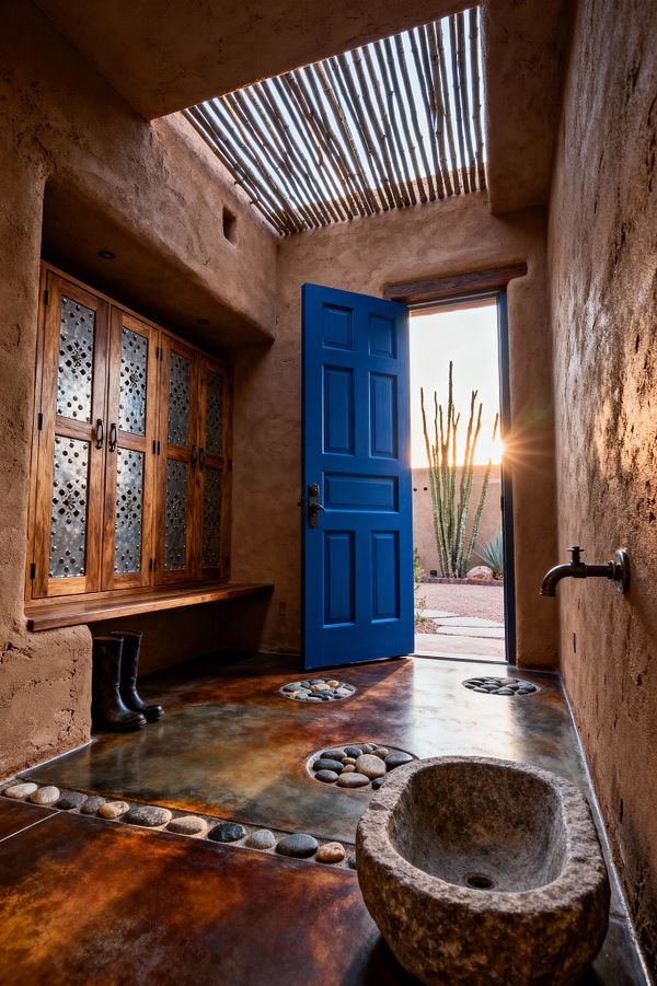 A Southwestern mudroom features hand-troweled adobe walls and a vivid cobalt blue door opening to a cactus-dotted courtyard at sunset. Overhead, a slatted wood skylight casts striped shadows. Built-in wooden lockers with punched-tin panels sit above a floating bench holding black boots. The stained concrete floor shows russet tones with river-rock bands and circular pebble inlays. A rough stone basin sits beside a wall-mounted spigot for quick wash-ups.