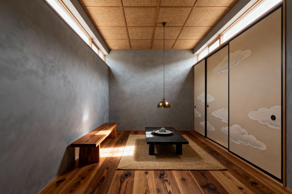 A minimalist Japanese Zen living room with smooth gray plaster walls and high clerestory windows admitting soft daylight. A low matte-black table rests on a woven jute rug beneath a small brass pendant, with a long solid-wood bench along the left wall. Warm knotty wood flooring and a wood-grid ceiling filled with woven natural-fiber panels add texture. On the right, beige fusuma sliding doors edged in black display white cloud motifs, reinforcing a tranquil, uncluttered atmosphere.