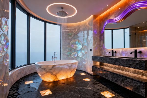 A futuristic bathroom with curved floor-to-ceiling windows overlooking the ocean features a glowing backlit onyx freestanding tub beneath a ceiling-mounted rainfall shower set inside a circular LED halo. Iridescent shell-like wall panels and a large organic mirror with purple and warm backlighting pair with a floating double vanity in dark marble and matte black faucets; charcoal stone flooring with illuminated onyx insets and a border of river pebbles completes the dramatic scene.