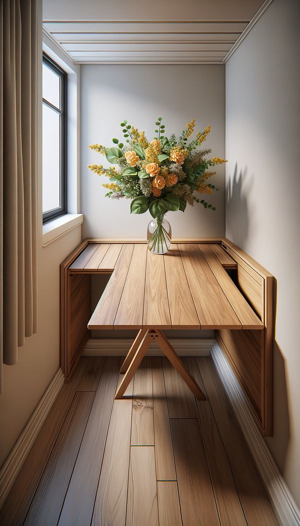 A cozy, small dining area with a wood drop leaf table set against a wall. The table has one leaf extended and is decorated with a vase of flowers, showcasing its adaptability in a tight space.