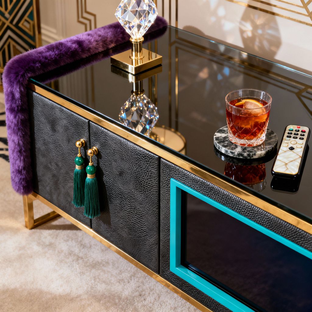 Close-up of a Hollywood Regency media console with black shagreen-textured doors framed in polished brass and topped with glossy black glass. A crystal lamp on a brass base, an amber cocktail in a cut-glass tumbler on a black-and-white marble coaster, and a remote sit on top, while emerald tassel pulls, a turquoise lacquered frame, purple faux fur, cream walls with gold Art Deco lines, and plush carpet complete the glamorous scene.