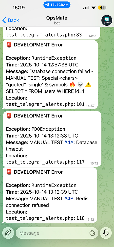 A Telegram chat interface displaying multiple error messages related to a bot's development.