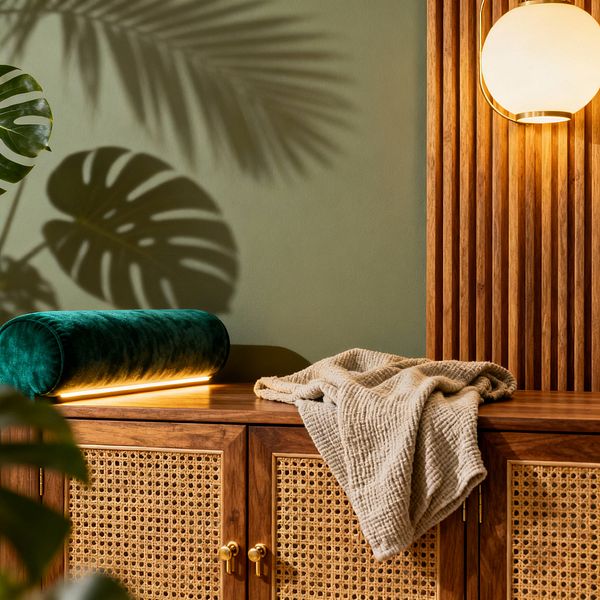 A tropical-inspired media room vignette featuring a mid-tone teak console with woven cane doors and small brass knobs, draped with a beige textured throw beside an emerald velvet bolster illuminated by a slim warm LED strip. A sage green wall casts large monstera leaf shadows, while a vertical teak slat panel holds a round frosted-glass sconce with brass trim and greenery peeks from the side.