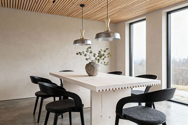 A minimalist Scandinavian dining room with a pale pine table featuring a sawtooth edge, surrounded by six black bentwood chairs with charcoal wool seats. Two brushed metal pendants with light wood necks hang above a stone-textured vase holding eucalyptus. Warm beige plaster walls, a slatted wood ceiling, and tall black-framed windows overlook a muted landscape, with polished concrete flooring completing the calm, airy space.
