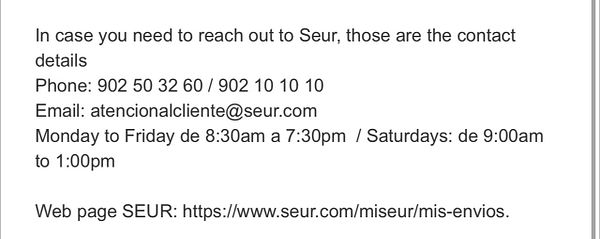 Contact details for the Portuguese delivery company Seur are provided.