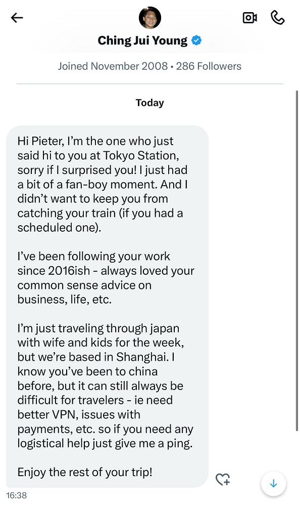 A Twitter direct message from Ching Jui Young to Pieter discussing a recent encounter at Tokyo Station.