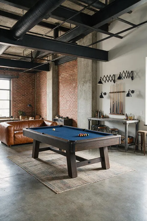 An industrial-style game room with a blue-felt billiard table centered on a faded area rug over polished concrete floors. Exposed black ceiling beams and ductwork, red brick walls, a concrete support column, and a brown leather sofa create a warm loft-like atmosphere, while wall-mounted sconces and a cue rack add functional detail.