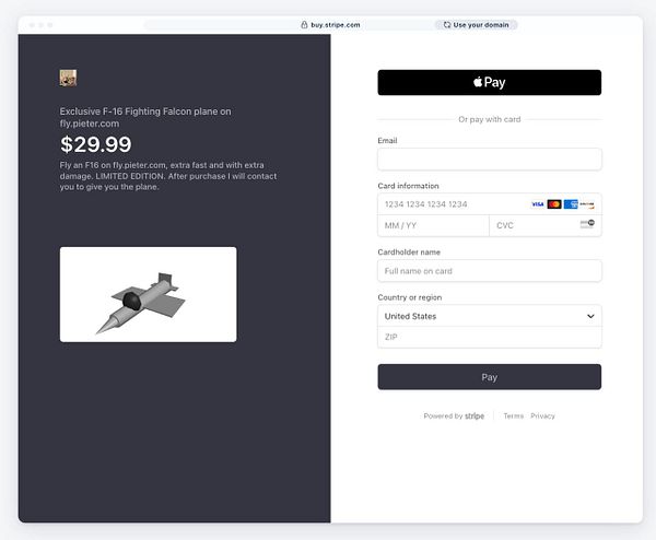 A payment interface for purchasing an exclusive F-16 Fighting Falcon plane.