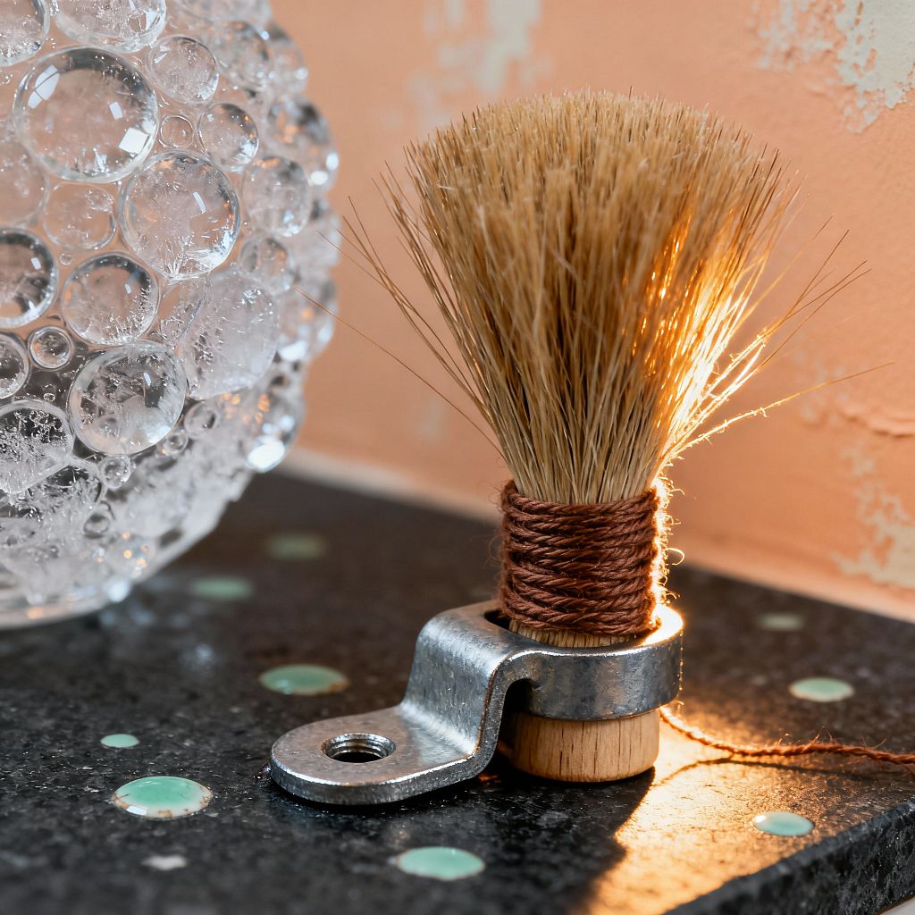 Close-up of a laundry-room vignette: a small natural-bristle brush wrapped with brown twine sits in a galvanized metal clamp on a dark stone countertop punctuated by mint circular inlays. At left is a clear bubble-glass sphere resembling frozen soap bubbles, with a warm peach, slightly distressed plaster wall behind; directional light catches the bristles and glass, creating a playful, surreal nod to cleaning tools and suds.