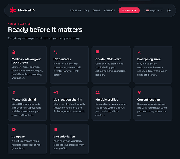 Landing page section detailing main features of Medical ID app with icons and descriptions.