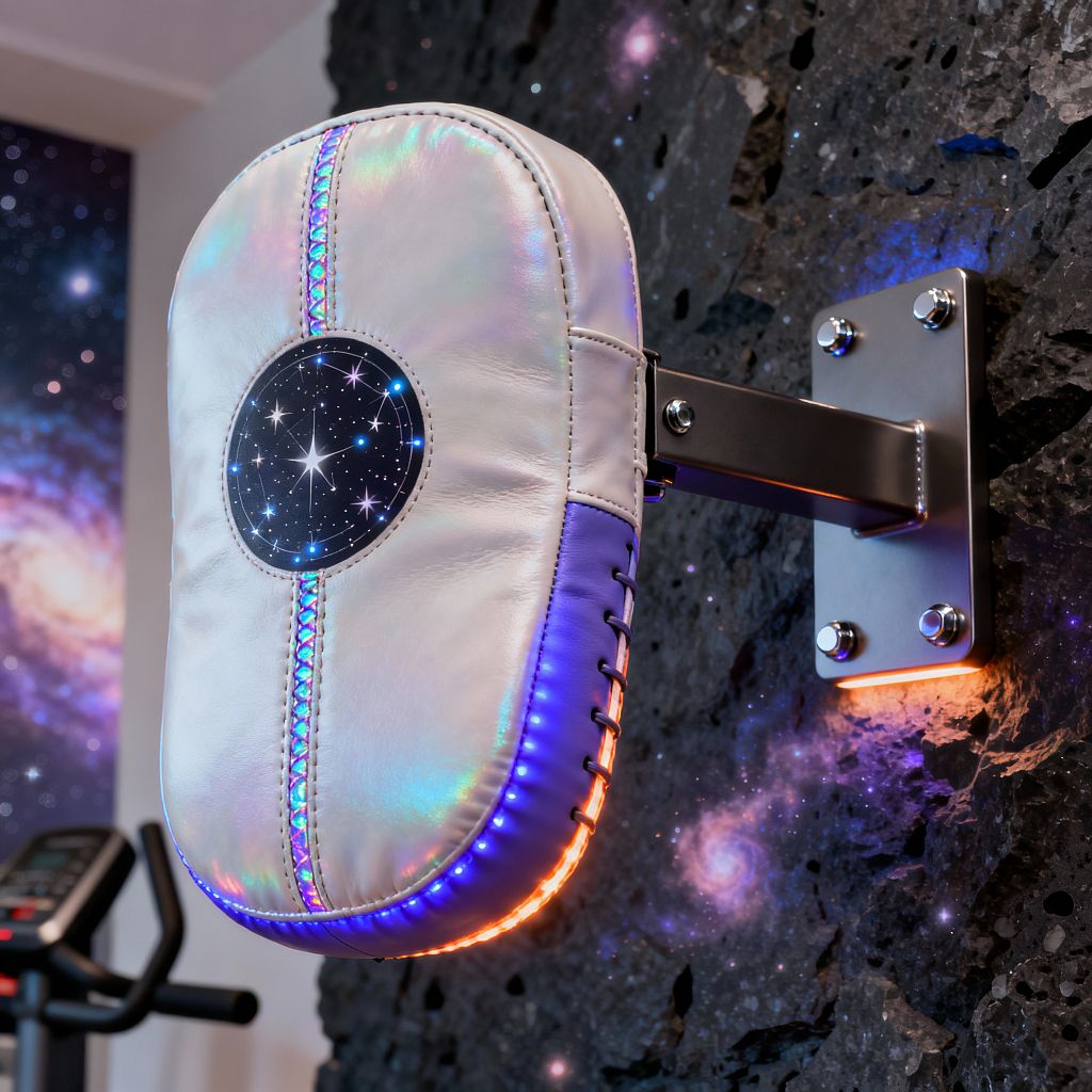 Close-up of a wall-mounted boxing pad in a home gym, upholstered in pearlescent iridescent leather with a circular constellation emblem. RGB LEDs trace the lower edge and seams, casting blue and amber light. The pad is secured to a brushed stainless steel bracket bolted into a rough, cratered black stone wall. A nebula mural in deep indigo and violet sits in the background, with a cardio machine partially visible, reinforcing a futuristic, cosmic theme.