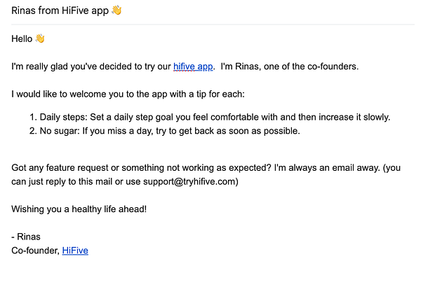 A welcome email from Rinas, co-founder of the HiFive app, providing tips for new users.