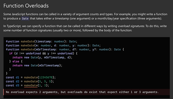 A TypeScript code snippet demonstrating function overloads with different parameter types and return types.